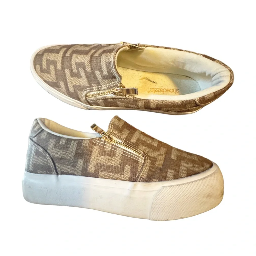 Show Dazzle- Beige Monogram Slip-On Sneakers w/ Side Zip Detail